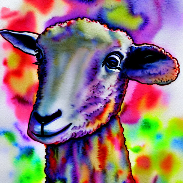 Colorful Sheep Illustration on Tie-Dye Background