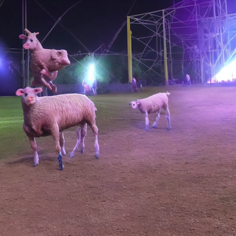 Composite Image of Three-Headed Sheep in Nighttime Field