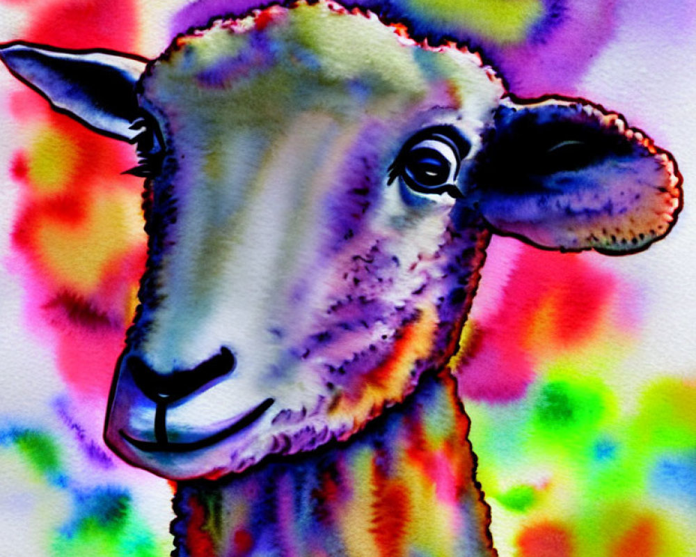 Colorful Sheep Illustration on Tie-Dye Background