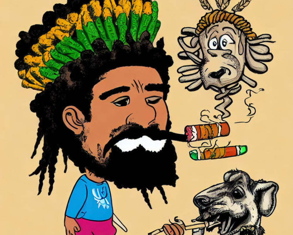 Colorful Rastafarian Hat Man Caricature with Dogs and Dynamite