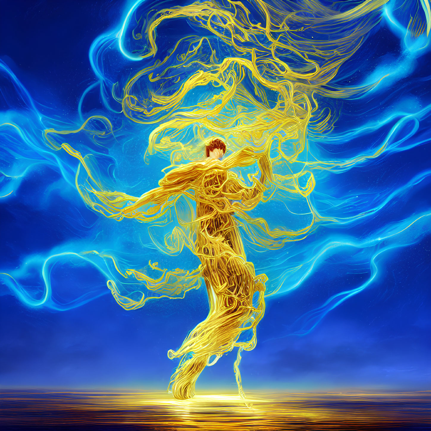 Golden figure with energy lines on vibrant blue backdrop symbolizing motion and transformation