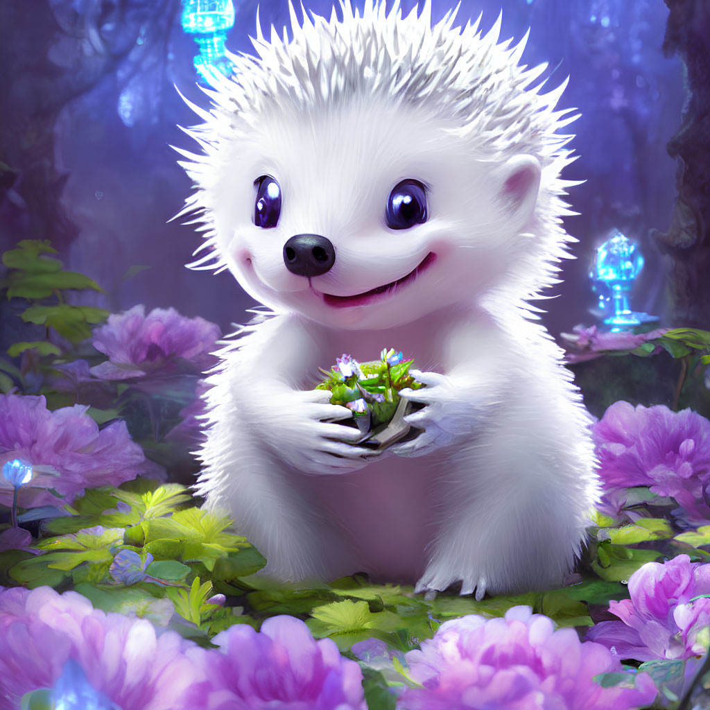 Smiling hedgehog with plant in fantasy setting.