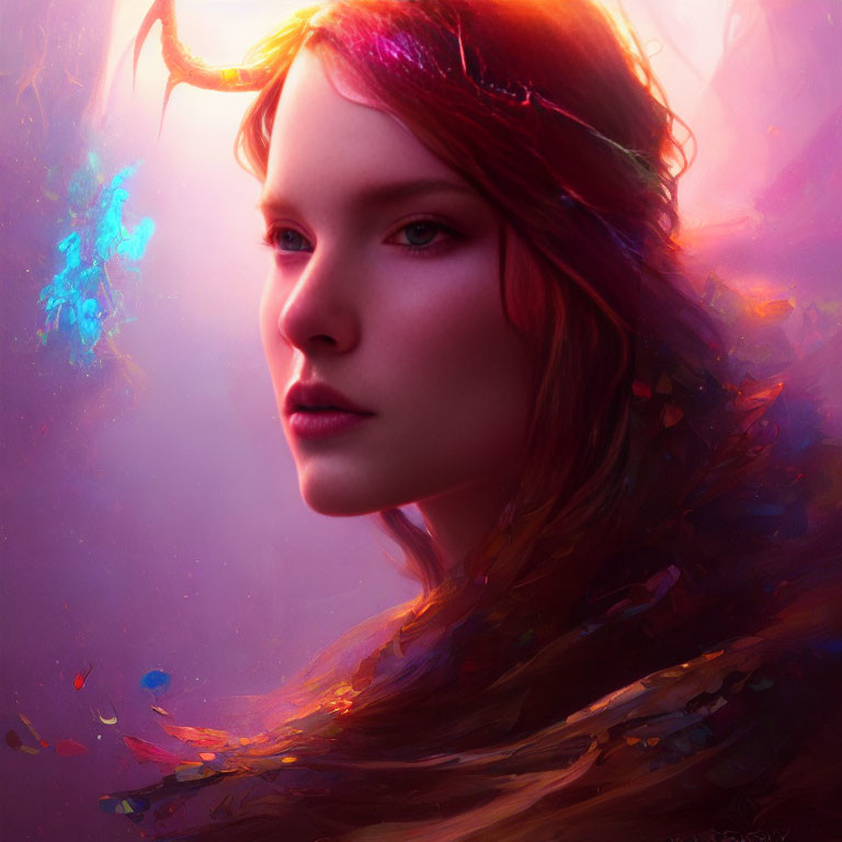 Digital artwork: Woman with red hair, ethereal glow, and abstract elements portraying a fantasy or mystical