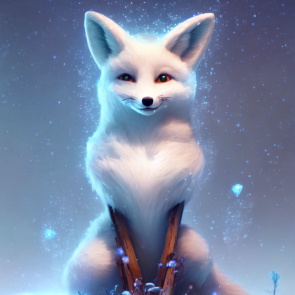 Whimsical white fox digital illustration with blue eyes and snowflakes