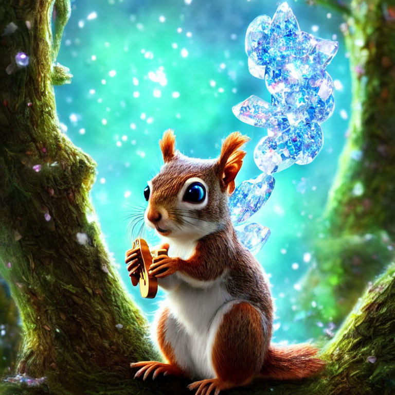 Animated squirrel with large blue eyes holding crystal acorn in magical forest