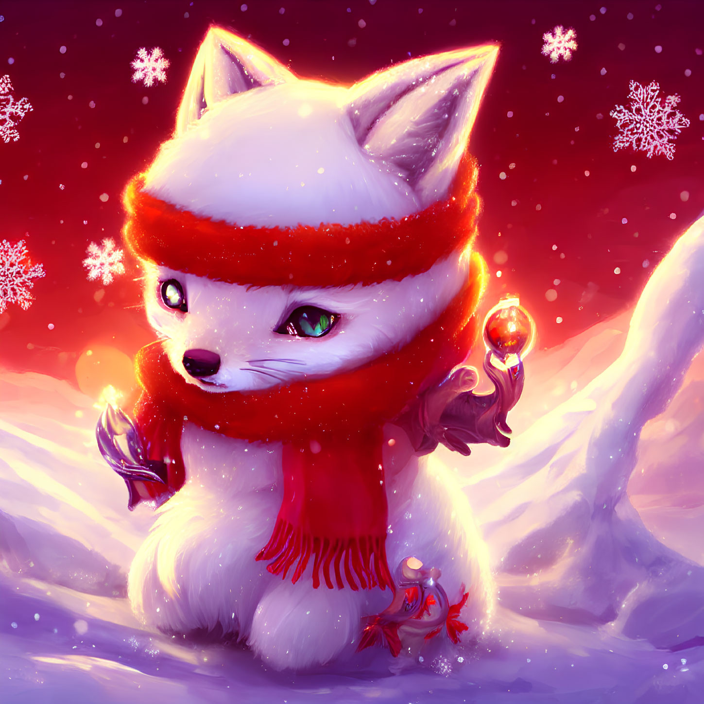 White Fox with Red Scarf in Snowy Winter Scene