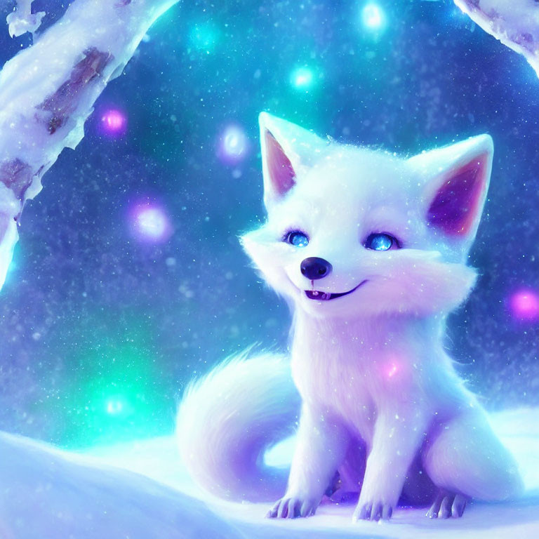 Whimsical white fox under twinkling stars in magical winter scene