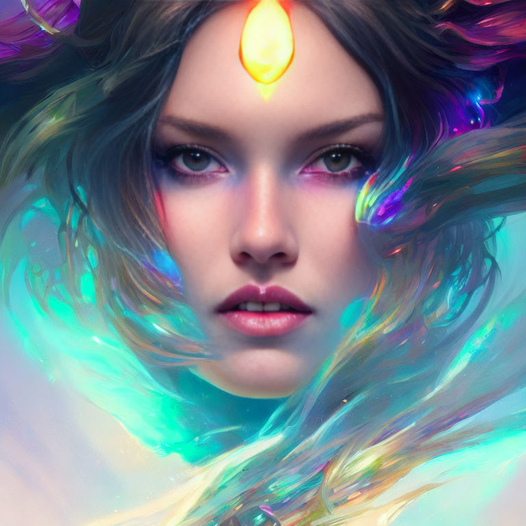 Fantastical portrait of woman with glowing orange gem and iridescent feathers