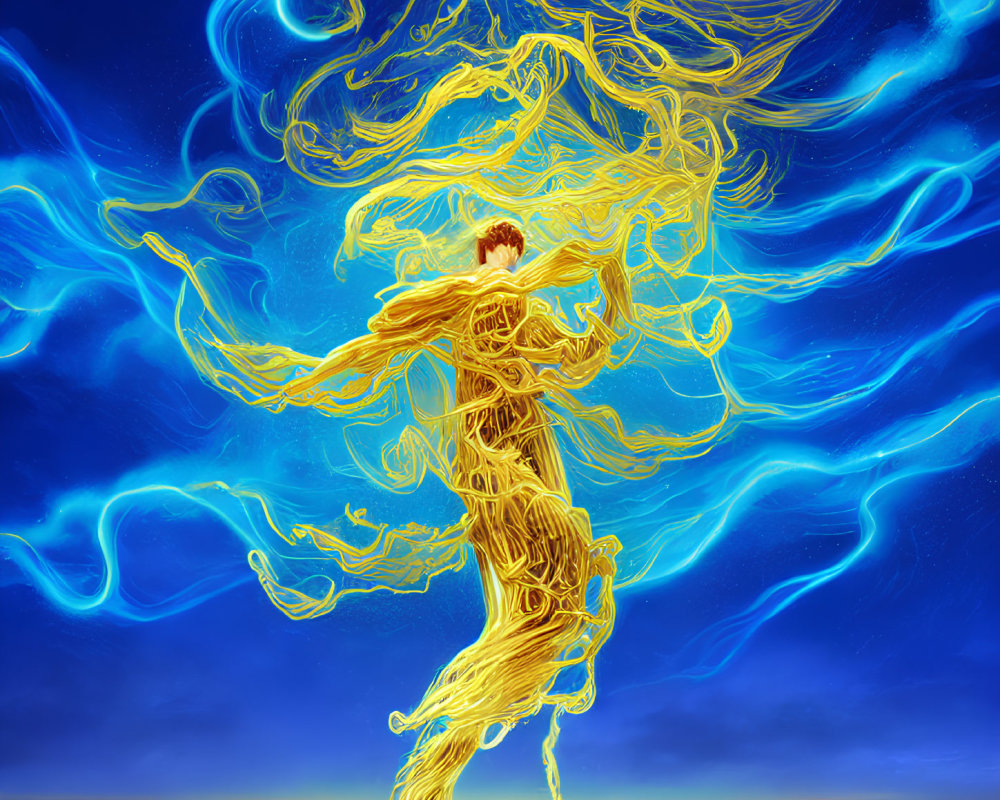 Golden figure with energy lines on vibrant blue backdrop symbolizing motion and transformation