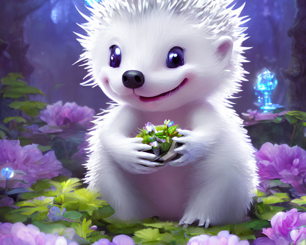 Smiling hedgehog with plant in fantasy setting.