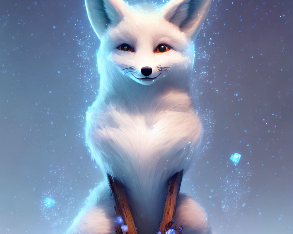 Whimsical white fox digital illustration with blue eyes and snowflakes