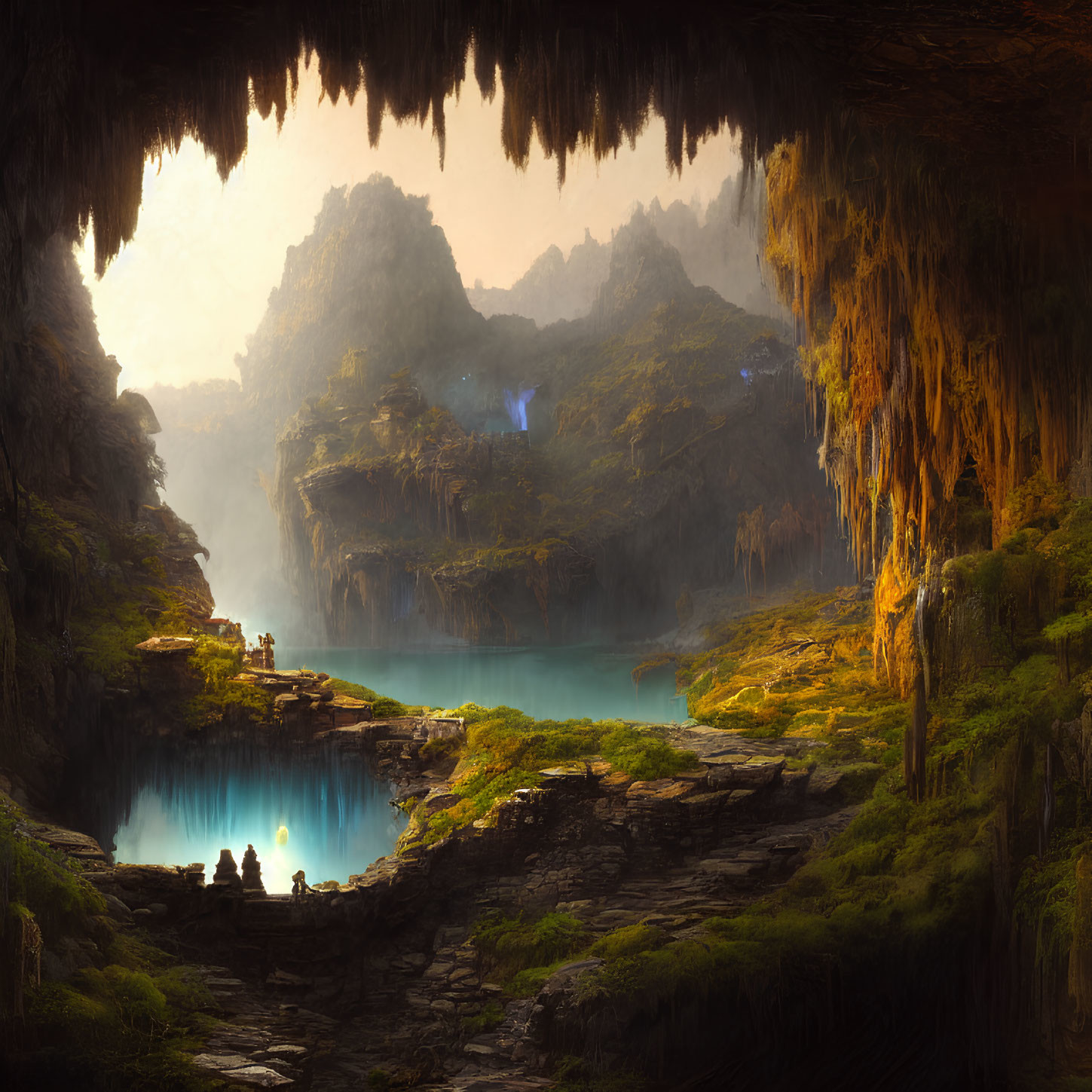 Mystical subterranean landscape with illuminated waterfalls and serene lakes