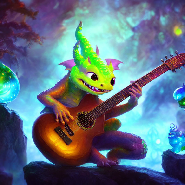 Green Dragon Playing Lute in Purple Forest with Orbs