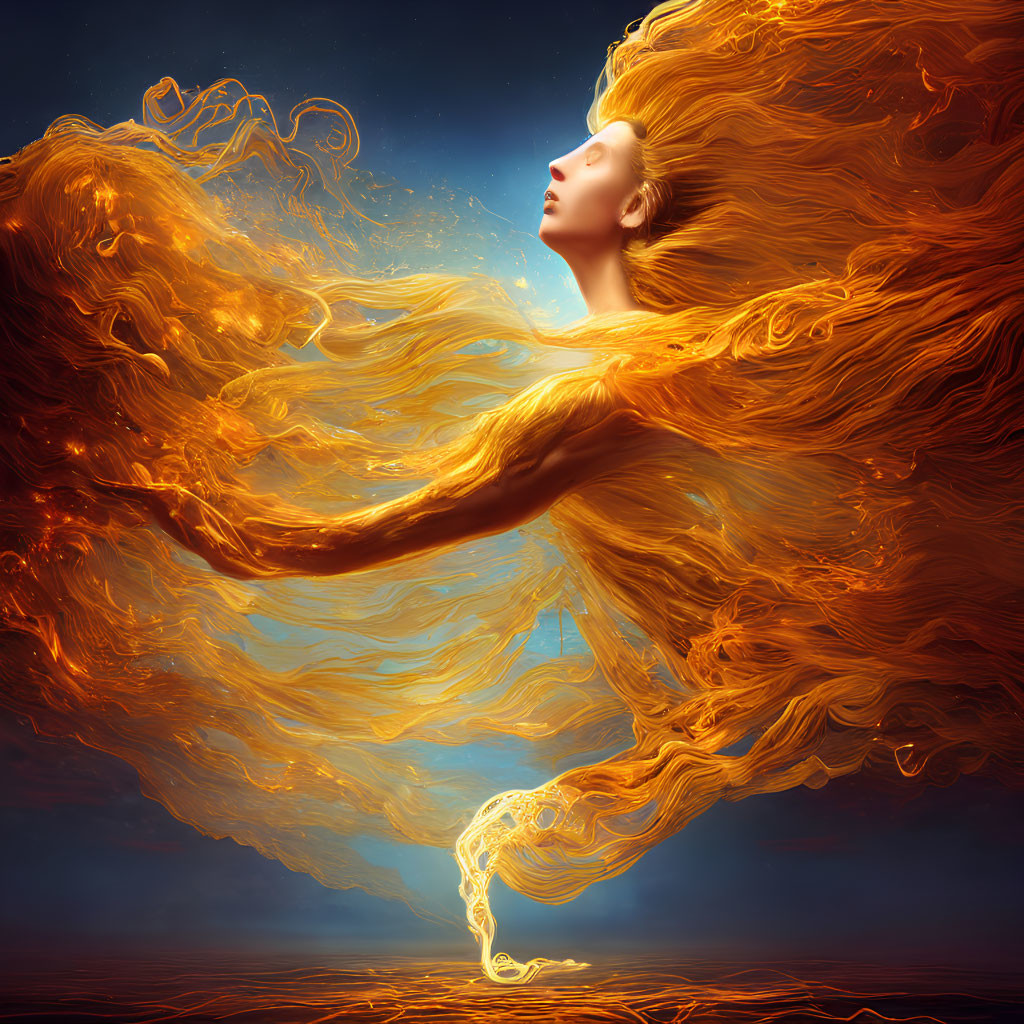 Vibrant surreal artwork: woman with fiery flowing hair on blue background