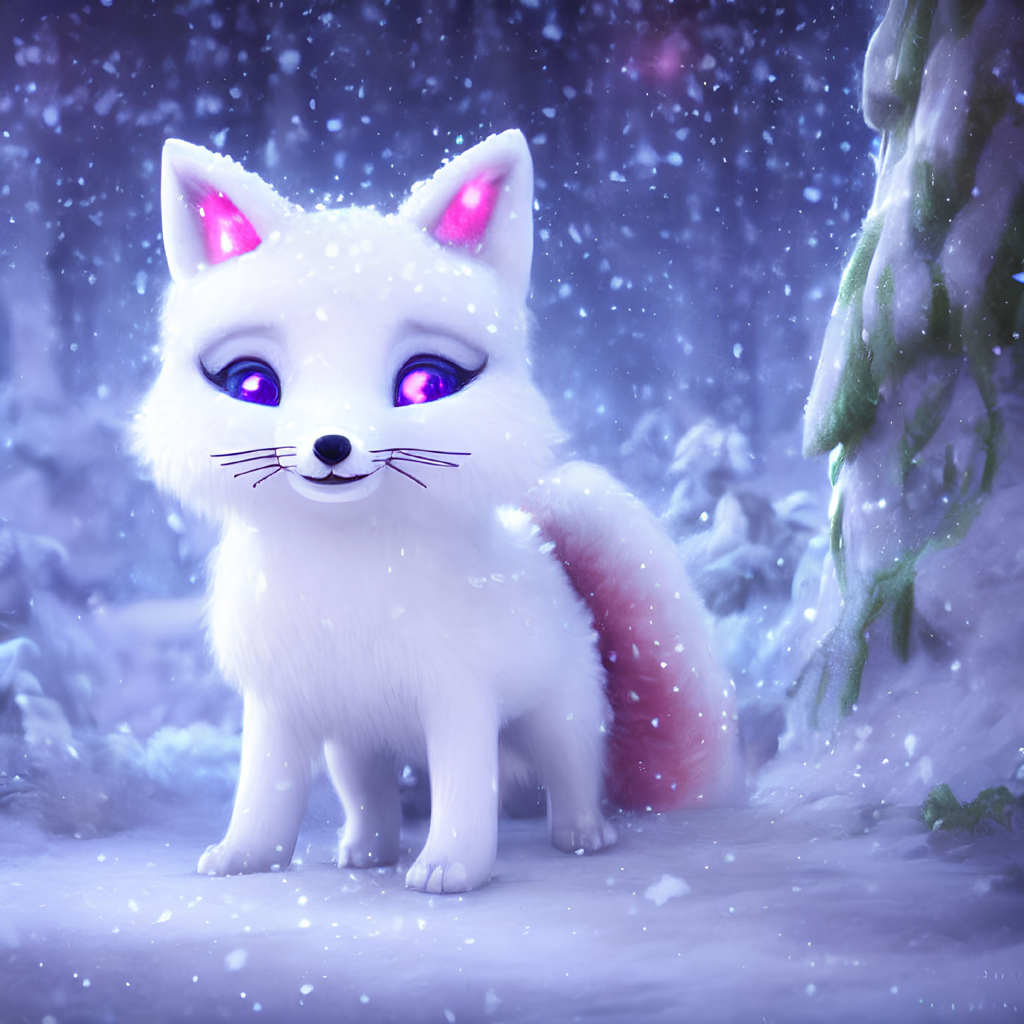 Stylized animated white fox in snowy forest with glowing pink eyes