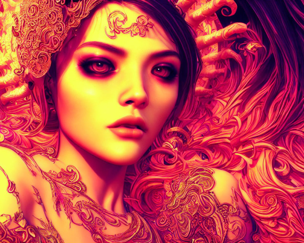 Vibrant digital artwork: Woman with golden headpiece in swirling red patterns