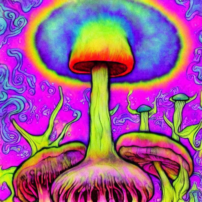 Colorful psychedelic mushroom art with vibrant rainbow cap and swirling background