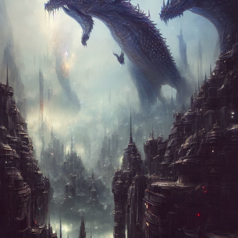 Majestic blue dragon overlooking futuristic cityscape