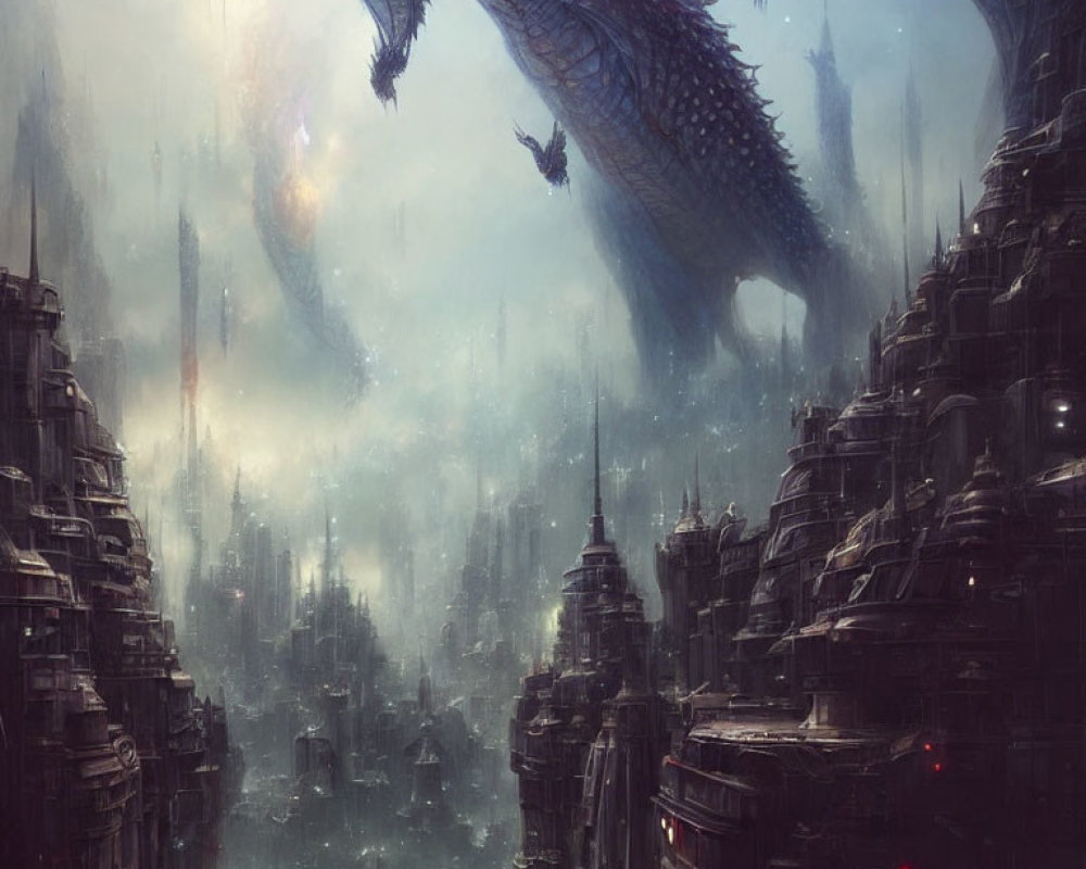 Majestic blue dragon overlooking futuristic cityscape