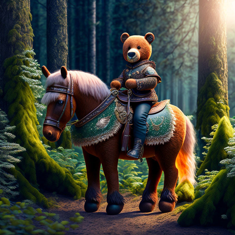 Bear in historical military attire riding horse in mystical forest with sun rays.