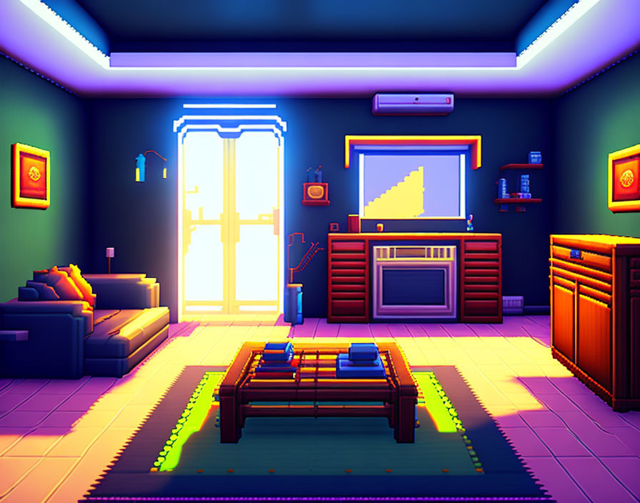 Pixel Art Style Living Room with Sofa, Coffee Table, TV, and Bright Balcony Light