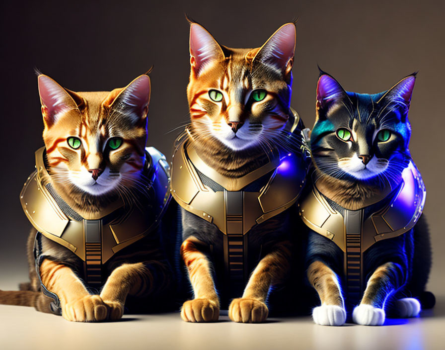 Three cats in futuristic armor suits with glowing blue lights on dark background