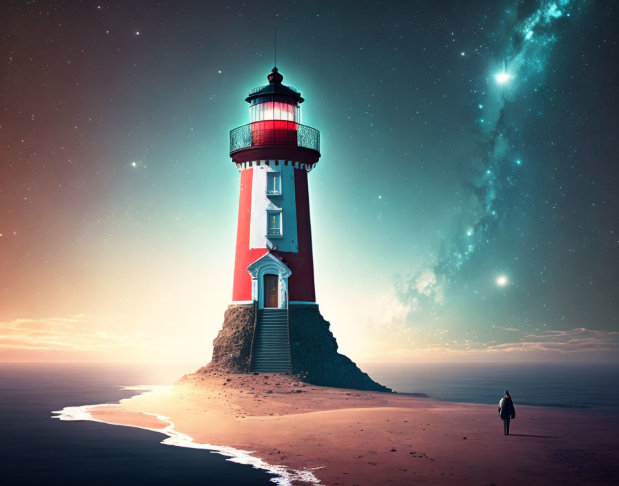 Person on Beach Looking at Red and White Lighthouse under Starry Sky