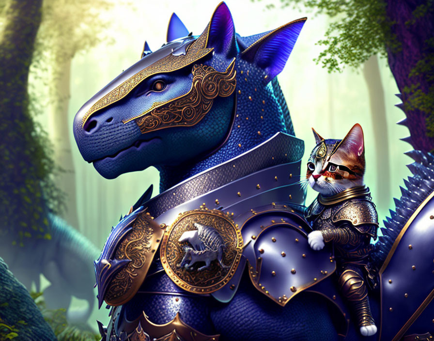 Medieval armored cat riding horse-like creature in mystical forest