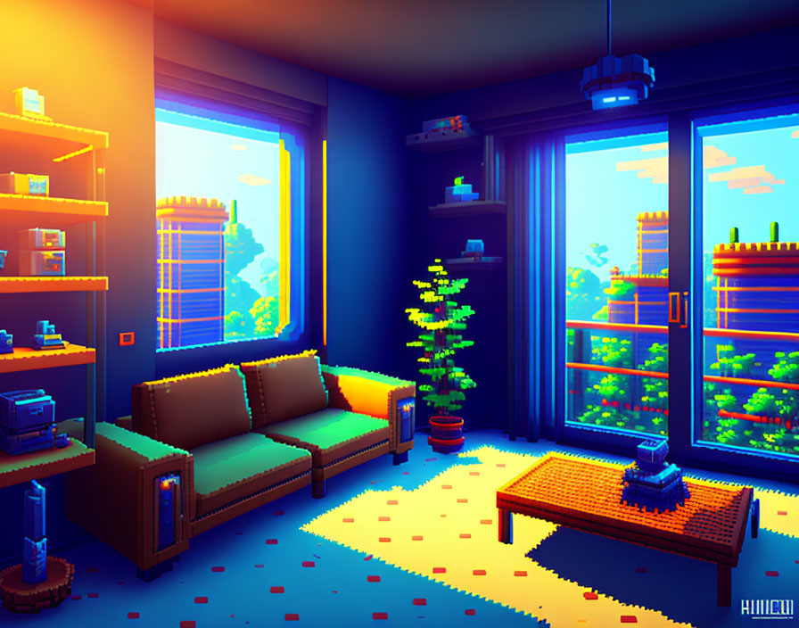 Pixel Art Room with Blue Walls, City View Window, Brown Sofa, Wooden Table, Plants & Sh