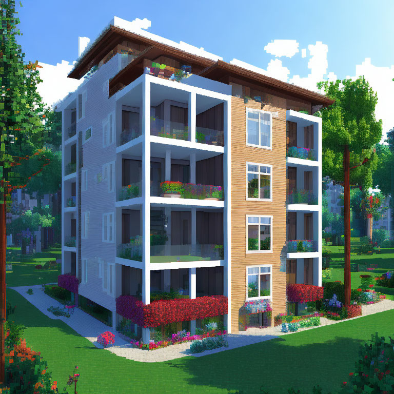 Modern Four-Story Apartment Building with White Balconies and Red Flowers in Lush Green Park