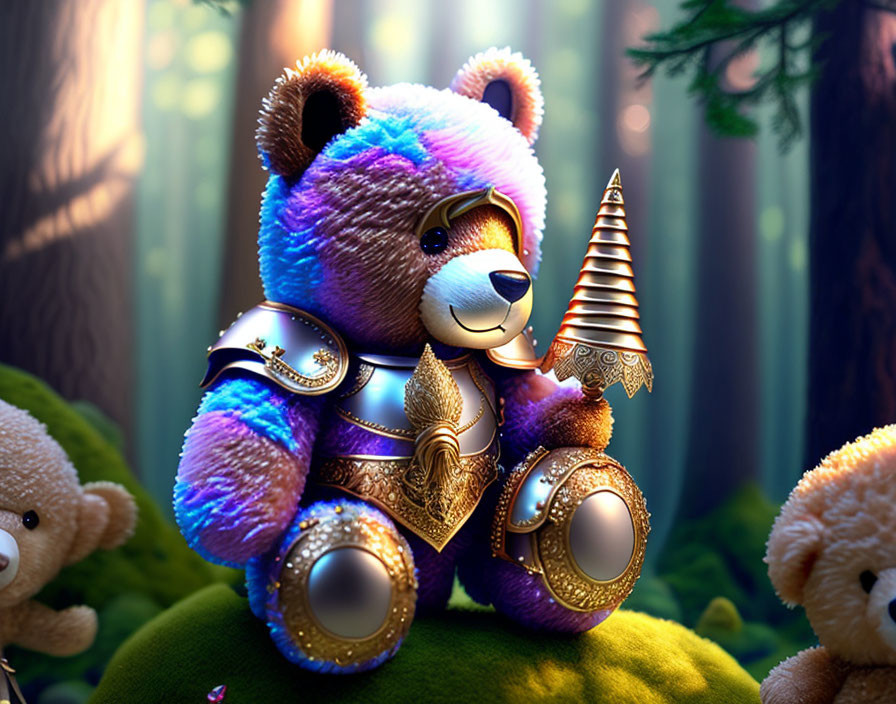 Armored teddy bear with cone-shaped weapon in mystical forest.