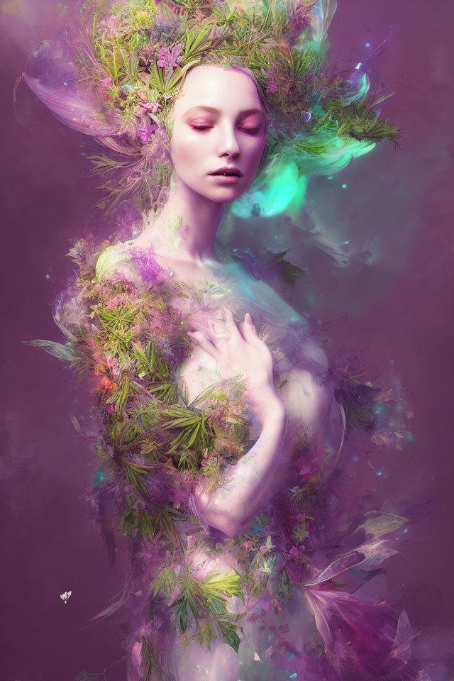 Surreal portrait of woman with flora and mist in purple, green, and pink tones