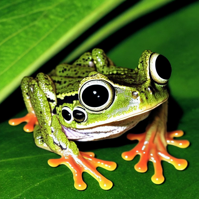 Colorful Green Frog with Orange Feet and Bulging Eyes on Leaf