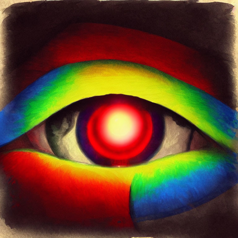 Rainbow-colored eyelids and glowing red pupil in surreal eye close-up