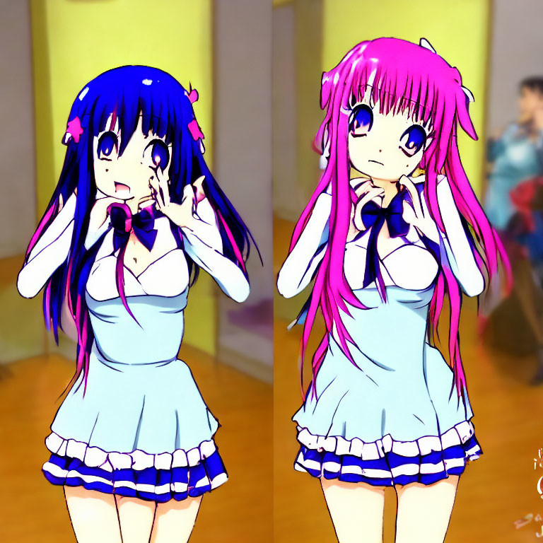 Comparison of 2D and 3D anime girls with blue and pink hair in matching outfits