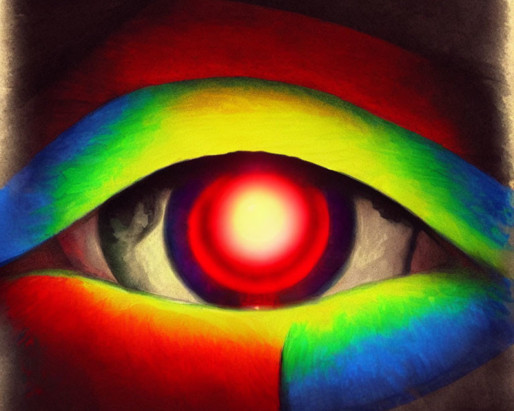 Rainbow-colored eyelids and glowing red pupil in surreal eye close-up