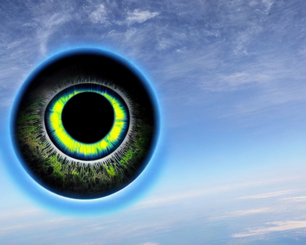 Surreal image of giant eye with green iris above Earth's atmosphere