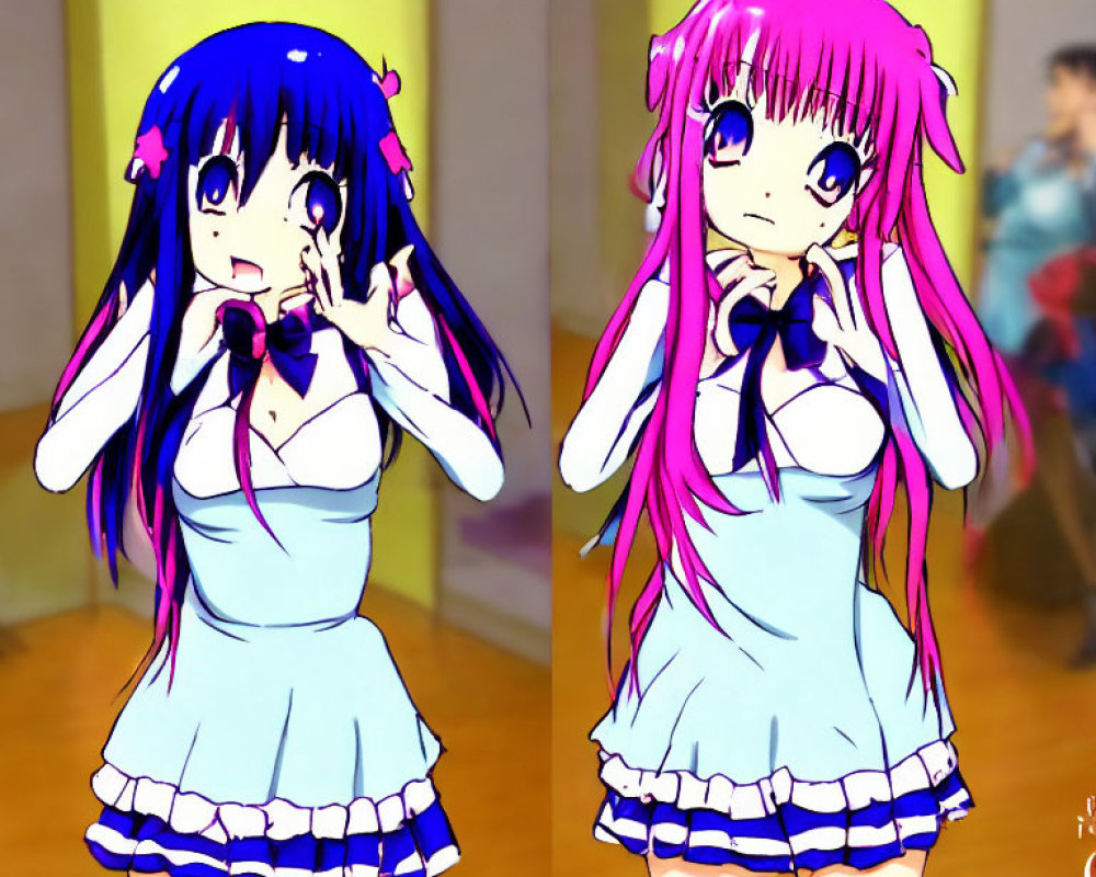 Comparison of 2D and 3D anime girls with blue and pink hair in matching outfits