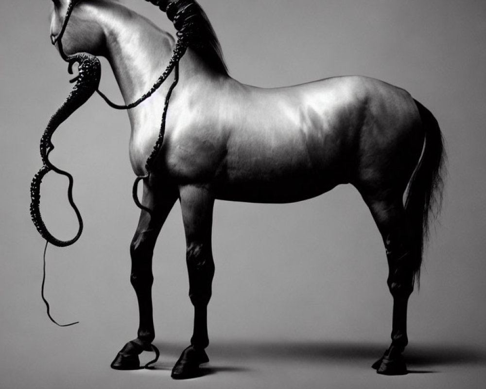 Monochrome photo of horse with surreal, twisted neck like octopus tentacle