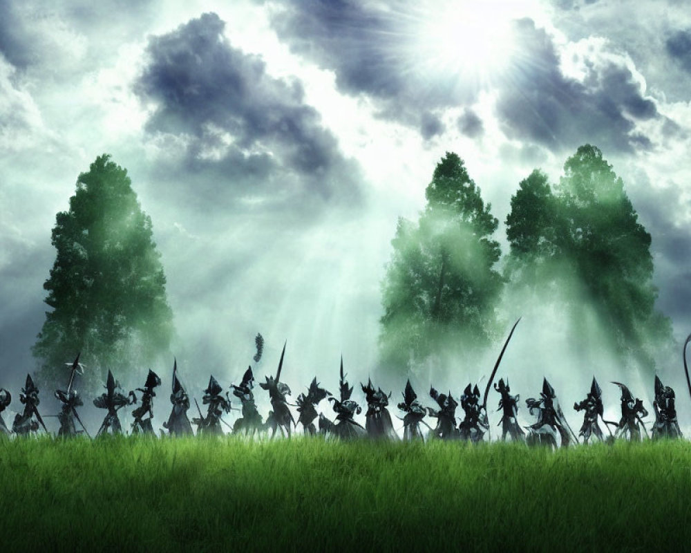 Silhouetted figures with spears in misty forest under cloudy sky