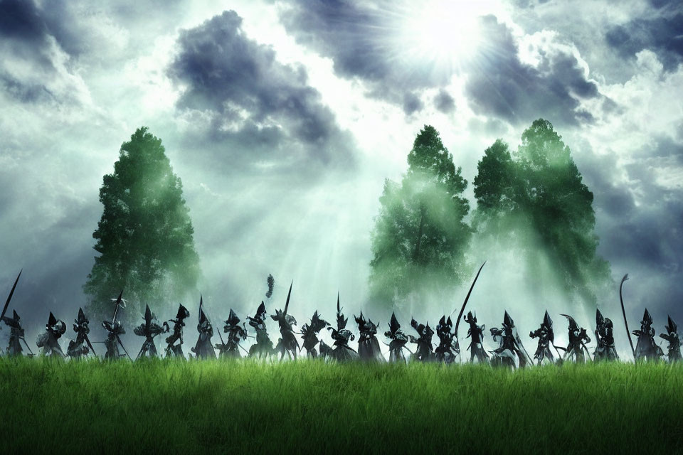 Silhouetted figures with spears in misty forest under cloudy sky