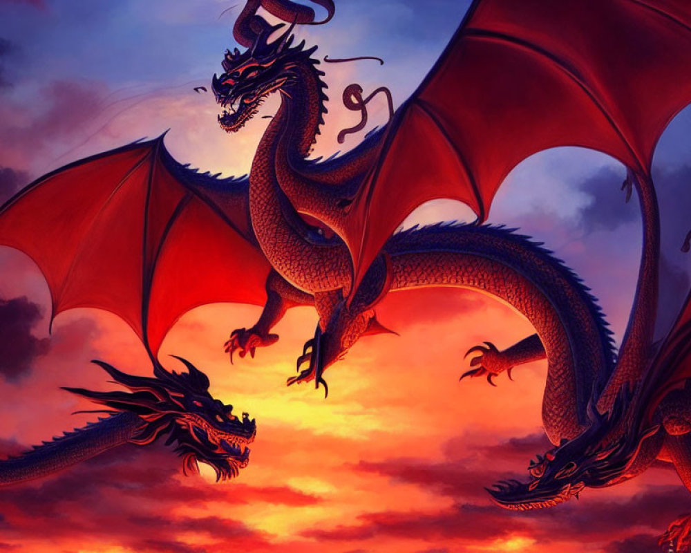 Majestic multi-headed dragon flying under fiery sunset sky