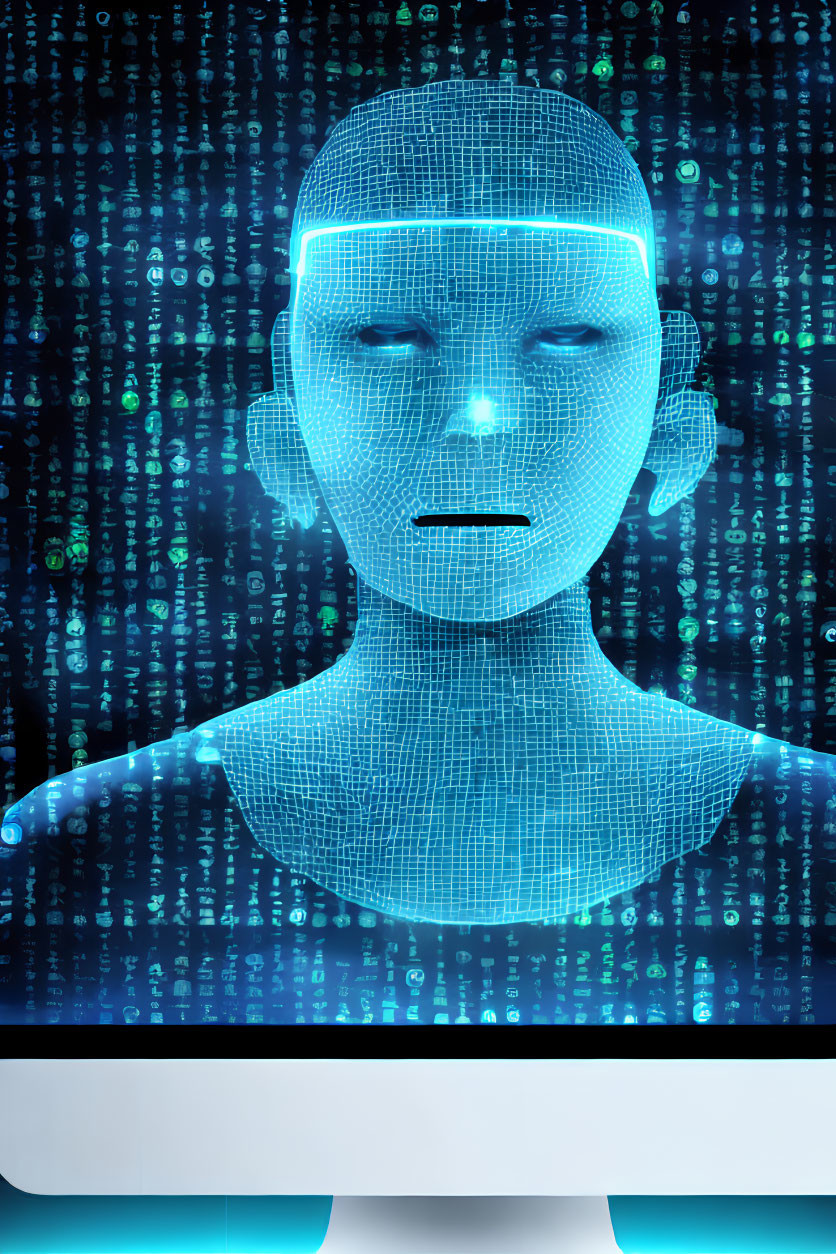 Digital humanoid face with grid overlay and glowing eyes in green binary code matrix