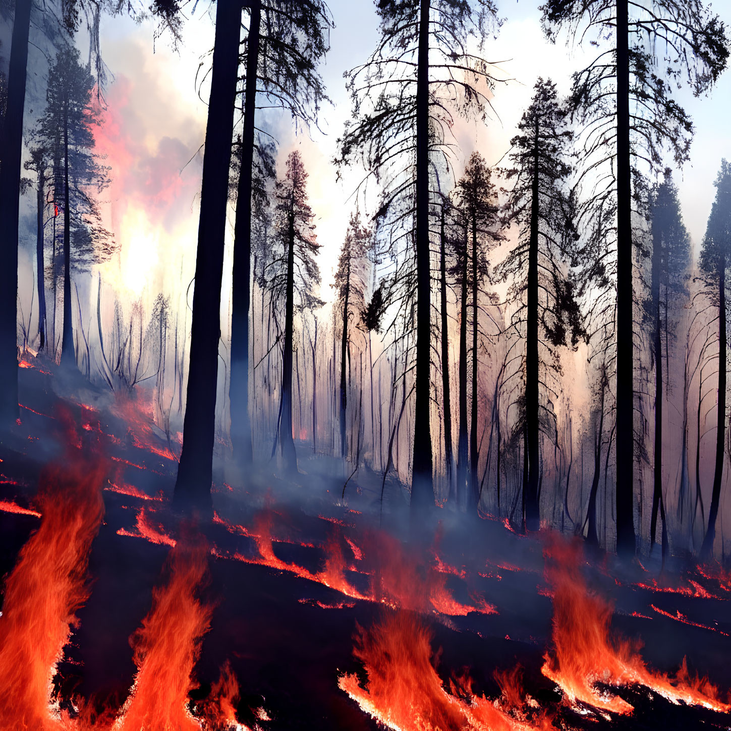 Devastating forest fire with tall trees engulfed in flames