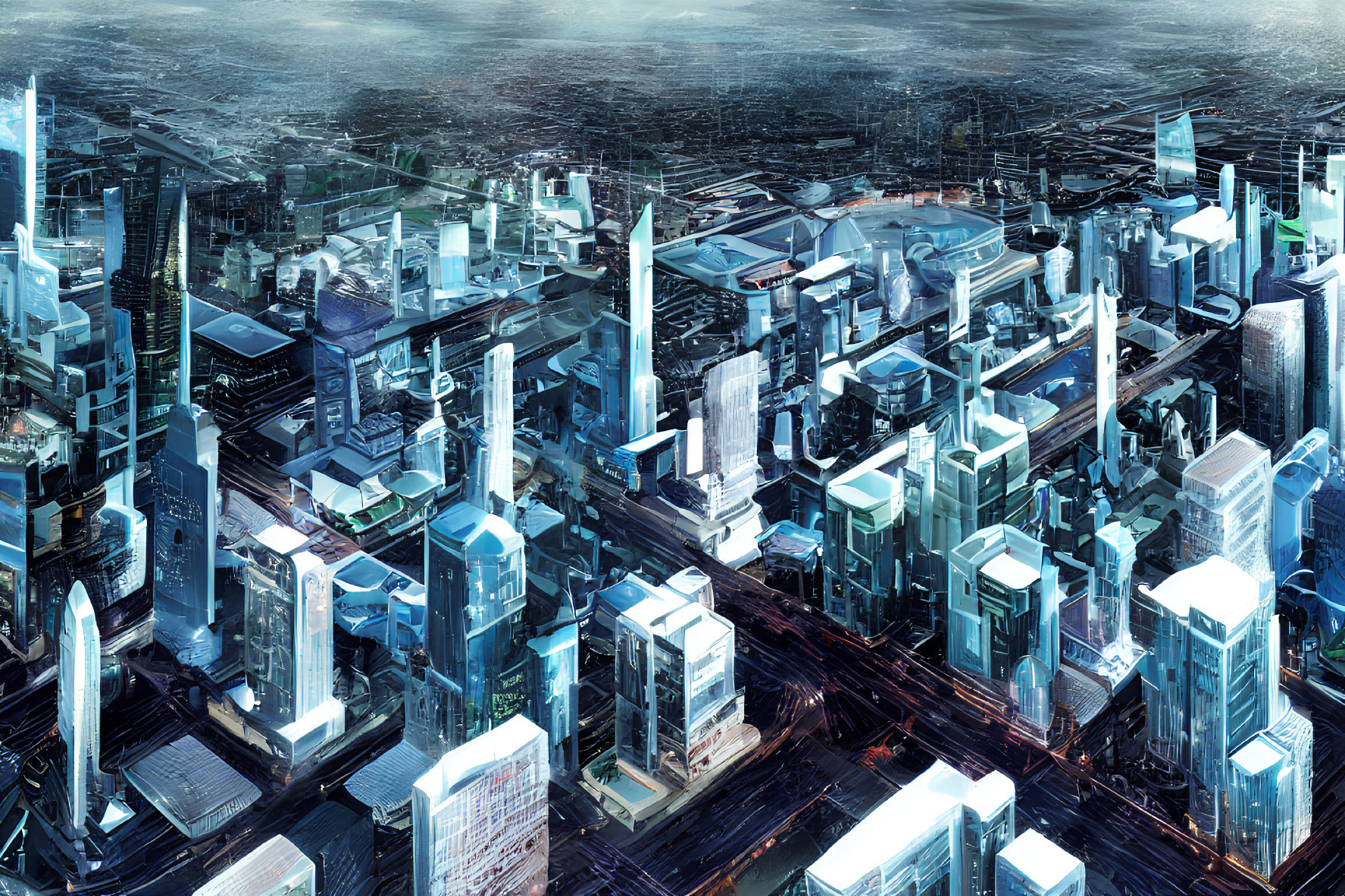 Dense illuminated high-rise buildings in futuristic cityscape