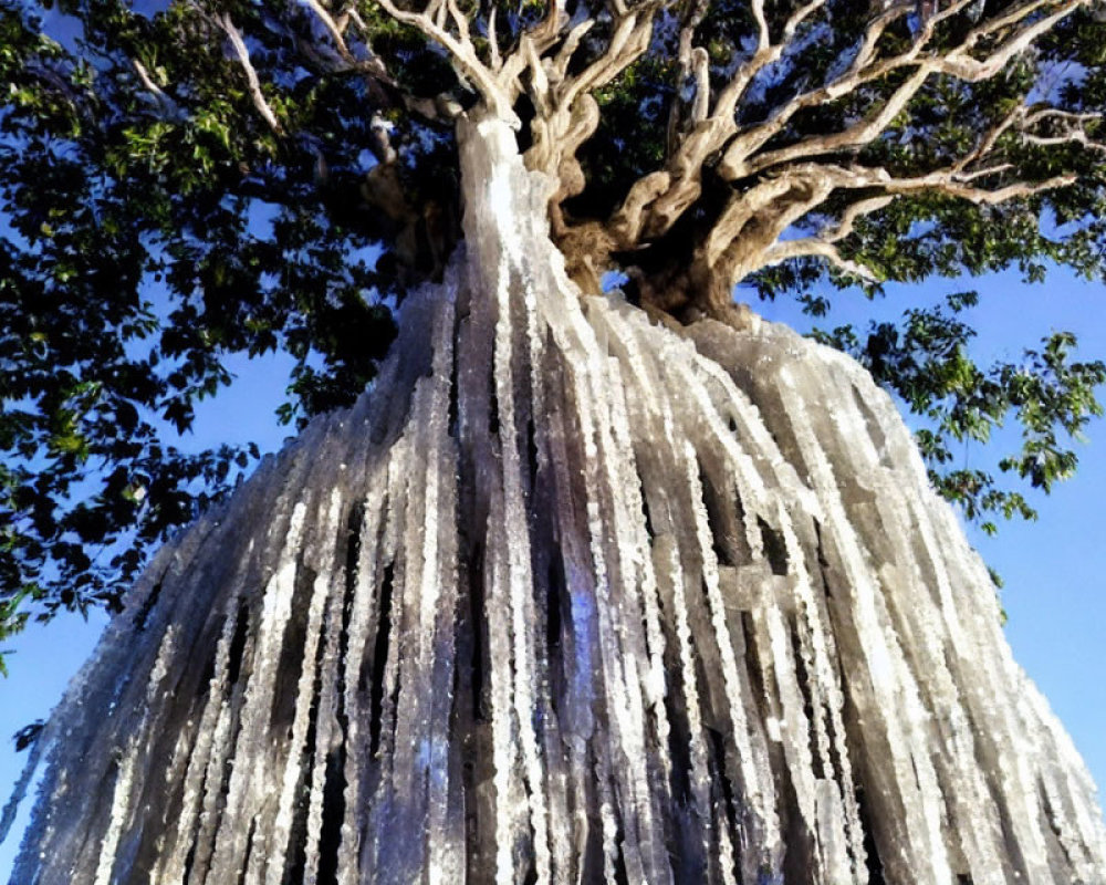 Thick-trunked tree covered in icicles under clear blue sky