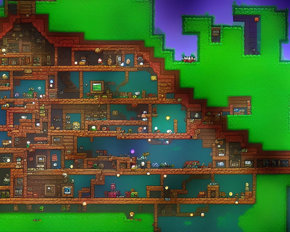 Detailed Pixel Art: Intricate Treehouse with Multiple Rooms, Platforms, and Furnishings in L