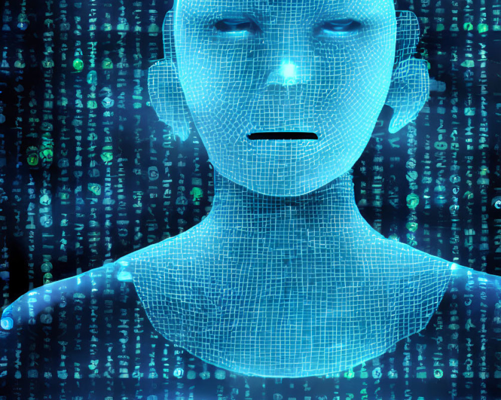 Digital humanoid face with grid overlay and glowing eyes in green binary code matrix