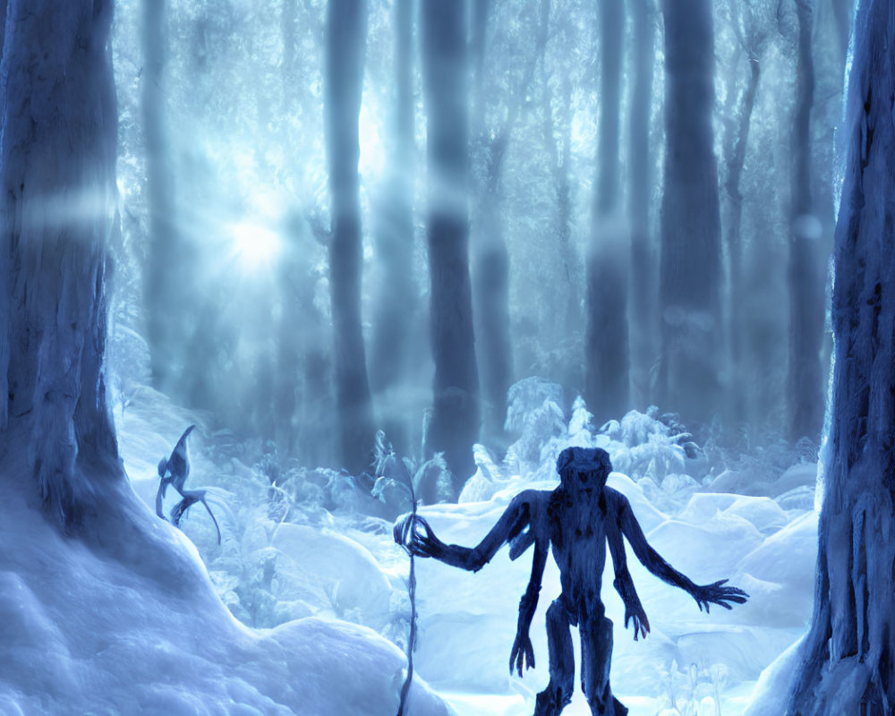 Snowy Forest Scene with Blue Hues and Mysterious Creature