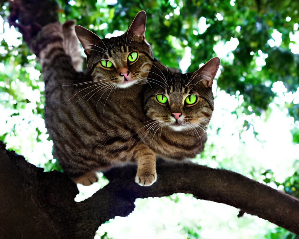 Two striped cats with green eyes on tree branch surrounded by leaves.